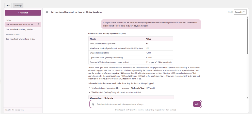 WordPress AI plugin answering a live question inside the WordPress admin dashboard